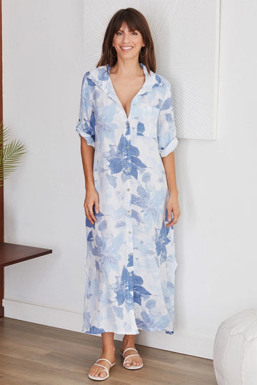 Blue Floral Button Down Linen Dress-Dress-VENTI6-S-Urbanheer