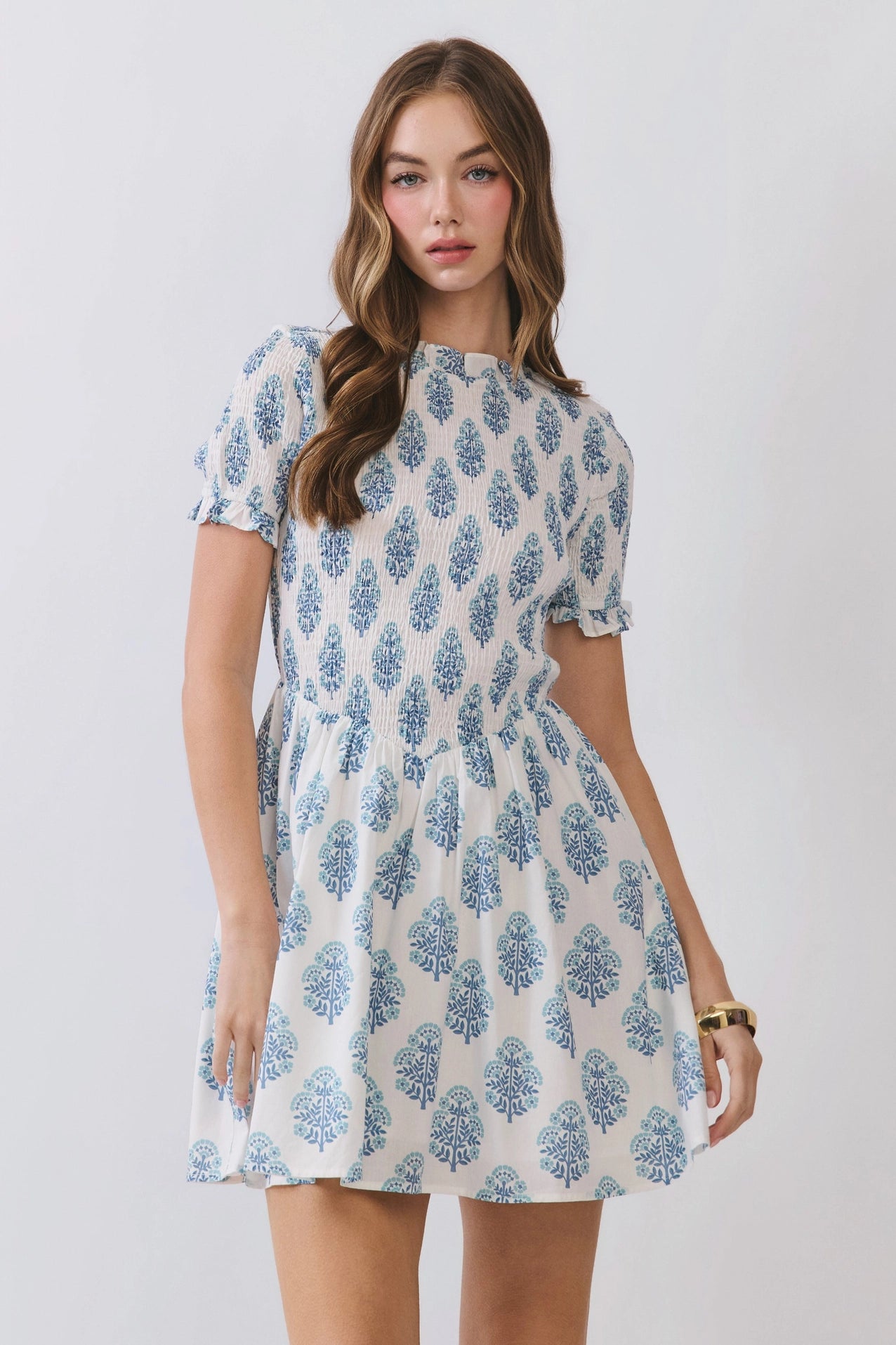 Blue Floral Smocked Bodice Mini Dress