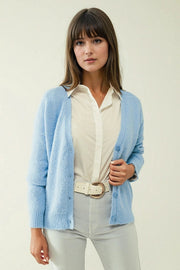 Blue Knit Cardigan With Wide V-Neck And Button Closure-Cardigan-Q2-S-Blue-Urbanheer