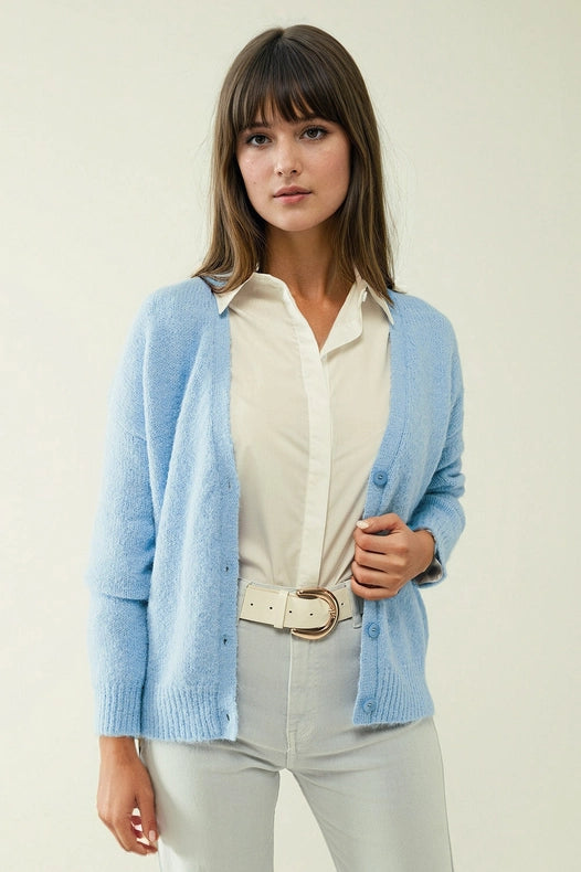 Blue Knit Cardigan With Wide V-Neck And Button Closure-Cardigan-Q2-S-Blue-Urbanheer