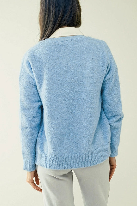 Blue Knit Cardigan With Wide V-Neck And Button Closure-Cardigan-Q2-S-Blue-Urbanheer