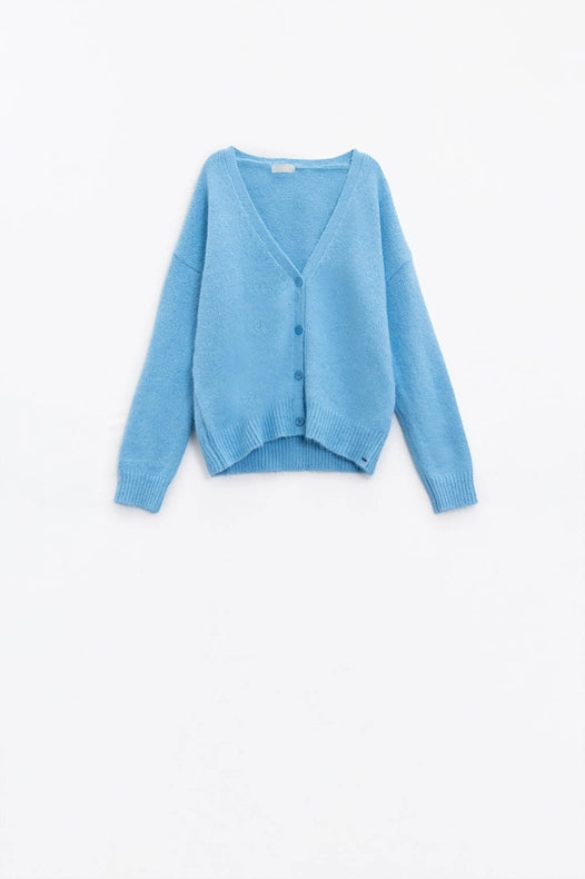 Blue Knit Cardigan With Wide V-Neck And Button Closure-Cardigan-Q2-S-Blue-Urbanheer
