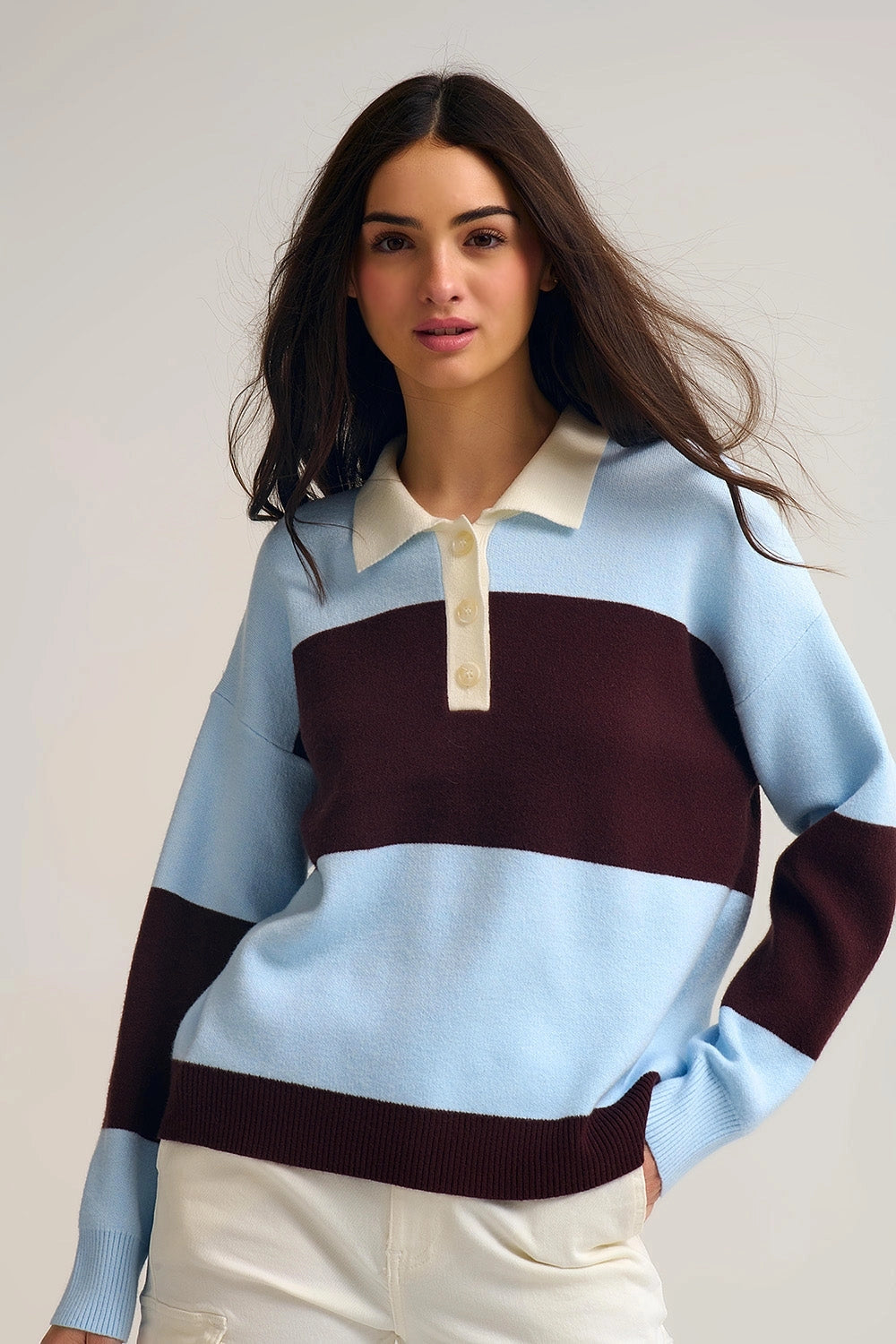 Blue Knit Polo Sweater with Brown Stripes