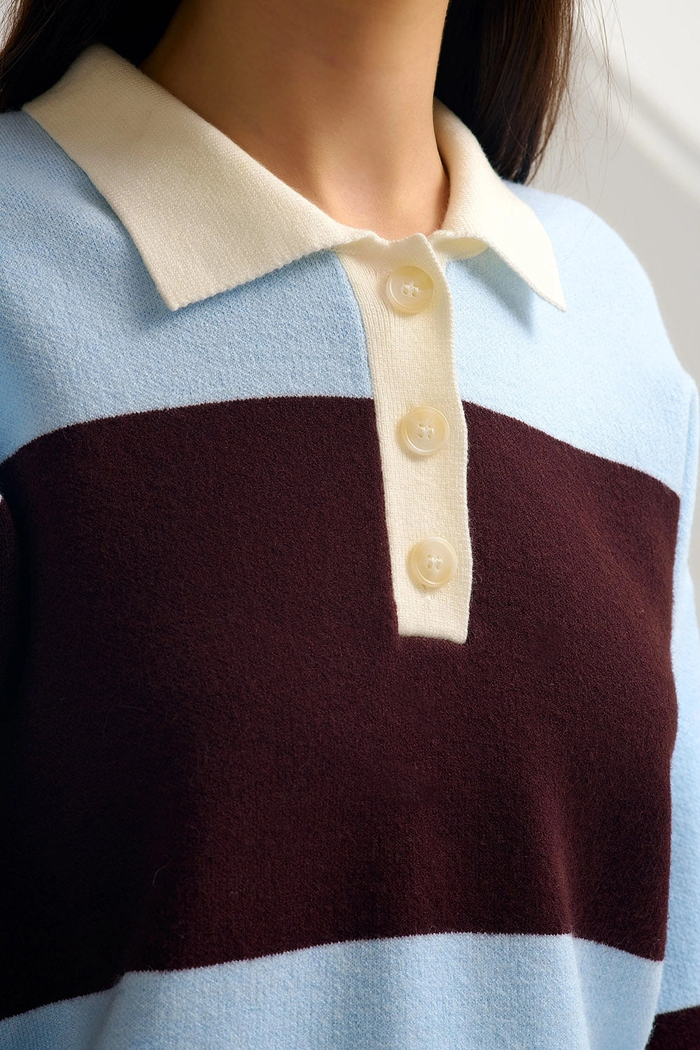 Blue Knit Polo Sweater with Brown Stripes