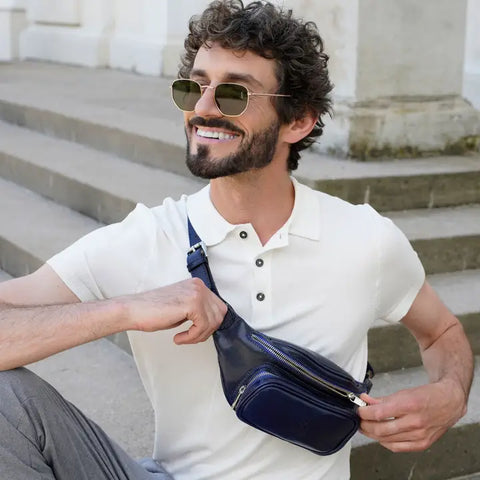 Blue Leather Fanny Pack Belly Bag - Independent People-Fanny Pack-Time Resistance-Blue-Urbanheer