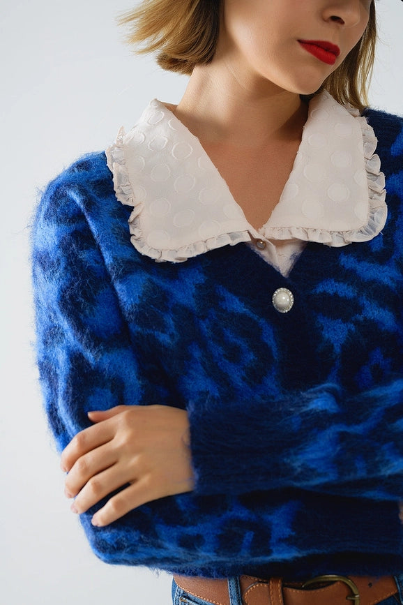 Blue Leopard Print Cardigan Made of Knitted Fabric with Wool-Cardigan-Q2-One Size-Blue-Urbanheer