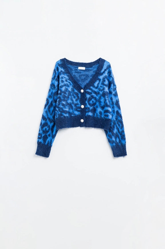 Blue Leopard Print Cardigan Made of Knitted Fabric with Wool-Cardigan-Q2-One Size-Blue-Urbanheer