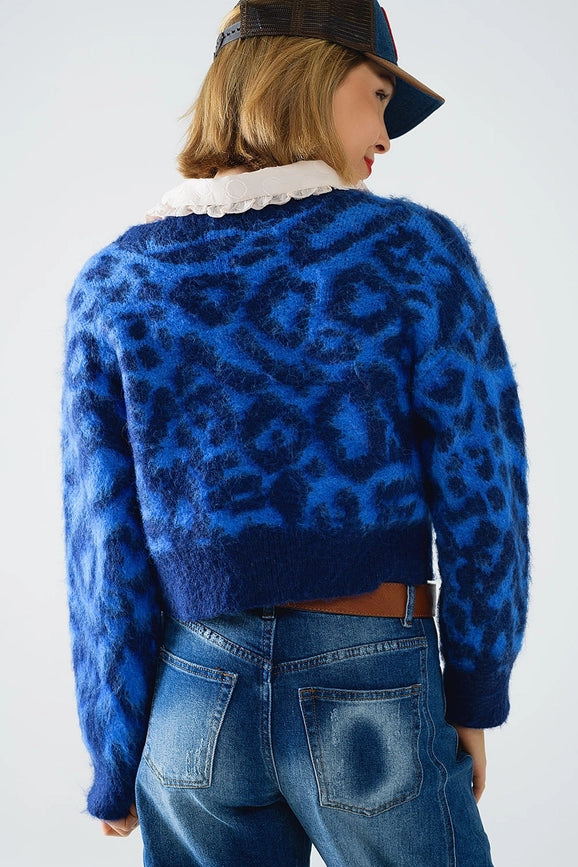 Blue Leopard Print Cardigan Made of Knitted Fabric with Wool-Cardigan-Q2-One Size-Blue-Urbanheer