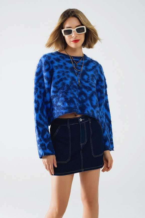 Blue Leopard Print Sweater Made of Knitted Fabric with Wool-Sweater-Q2-One Size-Blue-Urbanheer