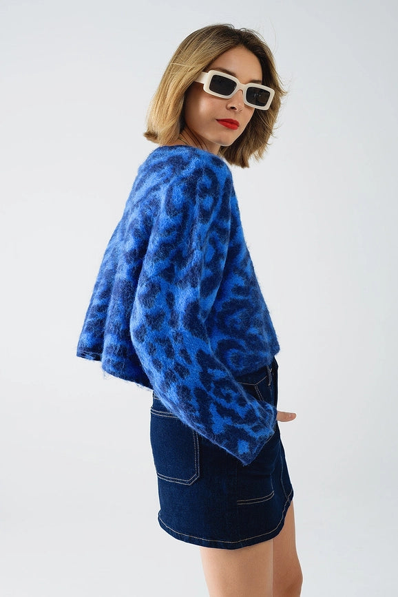 Blue Leopard Print Sweater Made of Knitted Fabric with Wool-Sweater-Q2-One Size-Blue-Urbanheer