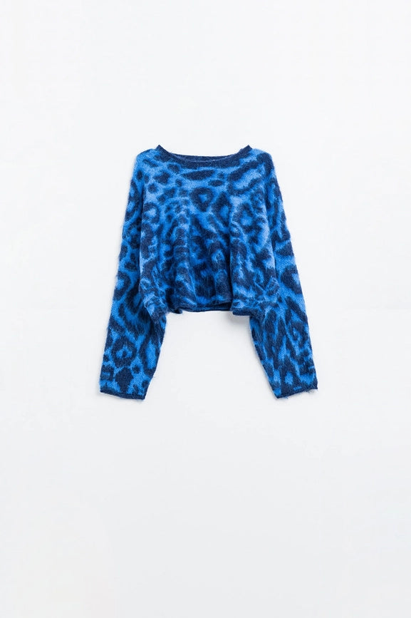 Blue Leopard Print Sweater Made of Knitted Fabric with Wool-Sweater-Q2-One Size-Blue-Urbanheer