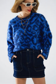 Blue Leopard Print Sweater Made of Knitted Fabric with Wool-Sweater-Q2-One Size-Blue-Urbanheer