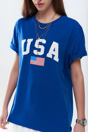 Blue Loose Long T-Shirt with USA Logo-T-Shirt-Q2-One Size-BLUE-Urbanheer