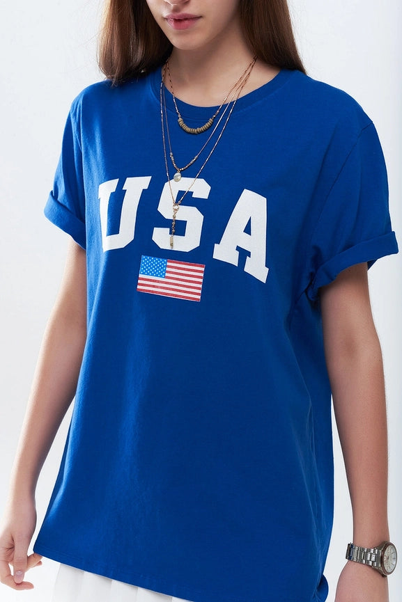 Blue Loose Long T-Shirt with USA Logo-T-Shirt-Q2-One Size-BLUE-Urbanheer