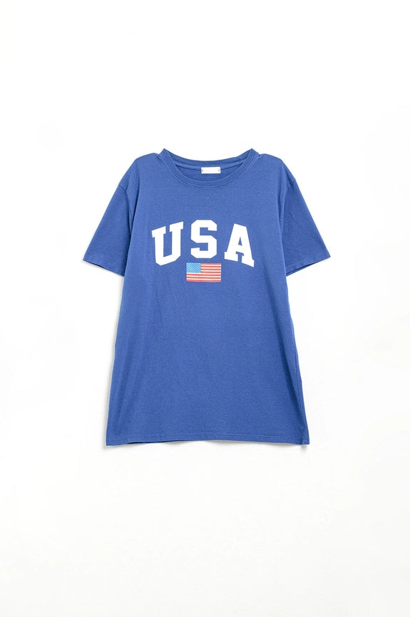 Blue Loose Long T-Shirt with USA Logo-T-Shirt-Q2-One Size-BLUE-Urbanheer