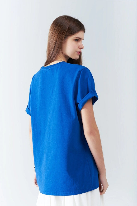 Blue Loose Long T-Shirt with USA Logo-T-Shirt-Q2-One Size-BLUE-Urbanheer