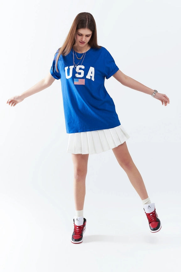 Blue Loose Long T-Shirt with USA Logo-T-Shirt-Q2-One Size-BLUE-Urbanheer