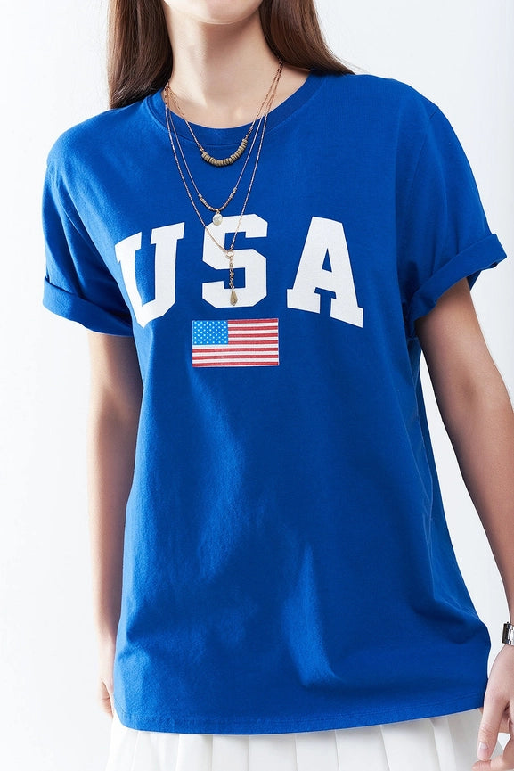 Blue Loose Long T-Shirt with USA Logo-T-Shirt-Q2-One Size-BLUE-Urbanheer