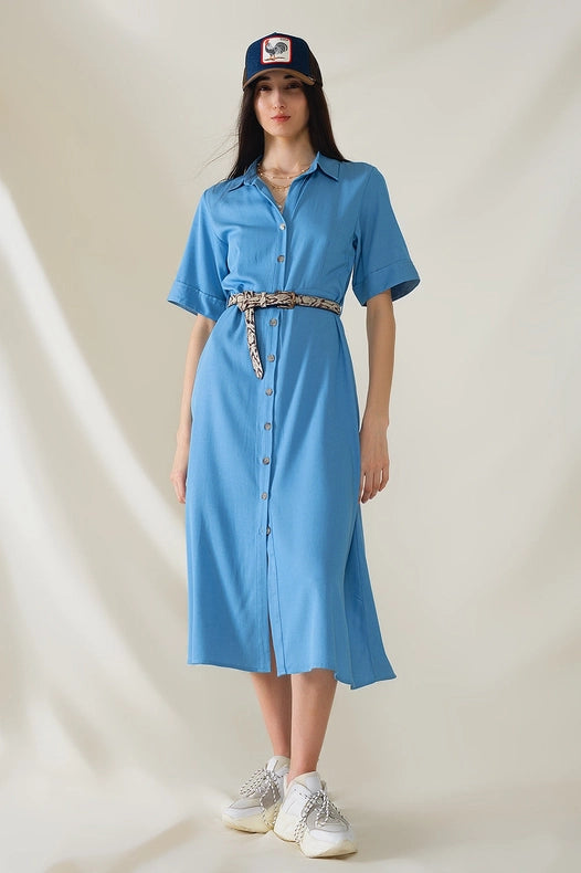 Blue Maxi Shirt Dress with Polo Collar-Dress-Q2-S-Blue-Urbanheer