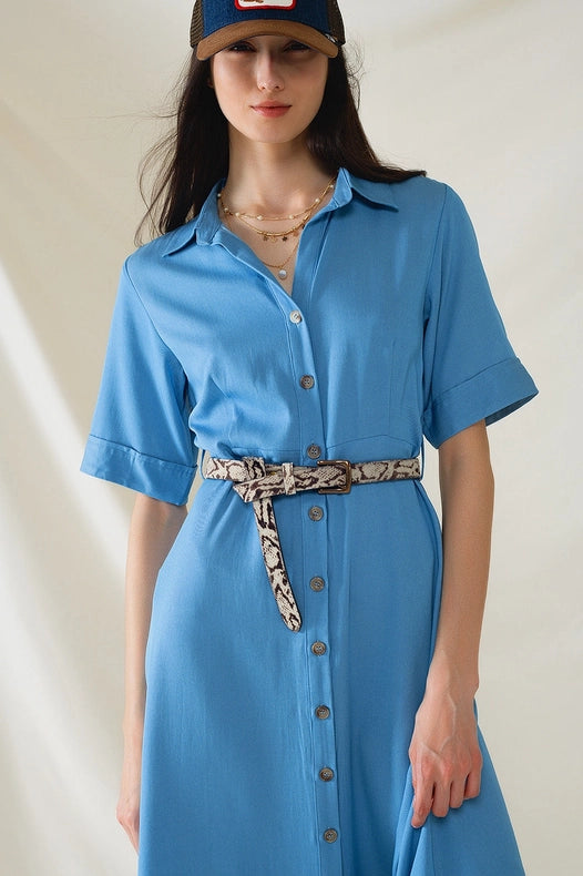 Blue Maxi Shirt Dress with Polo Collar-Dress-Q2-S-Blue-Urbanheer