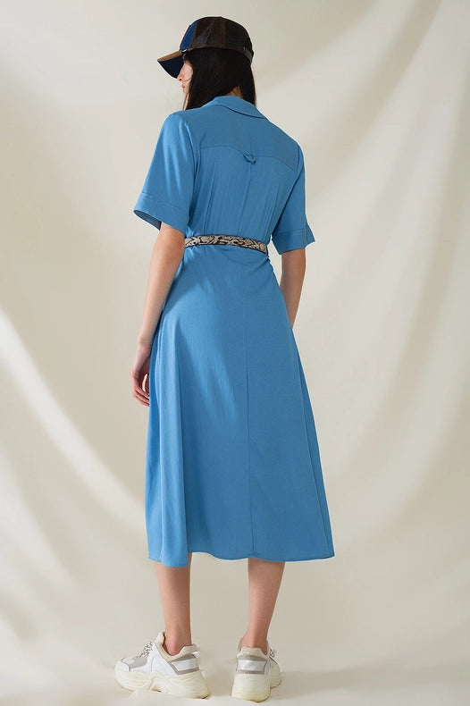 Blue Maxi Shirt Dress with Polo Collar-Dress-Q2-S-Blue-Urbanheer