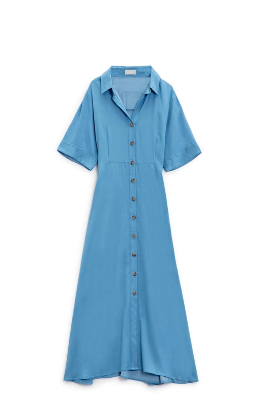 Blue Maxi Shirt Dress with Polo Collar-Dress-Q2-S-Blue-Urbanheer