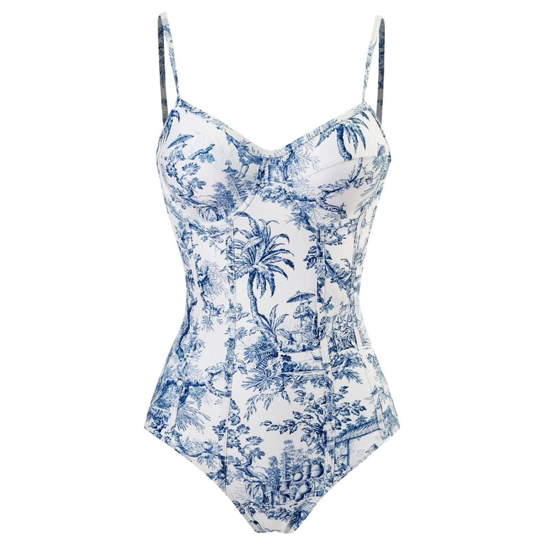 Blue Oriental Porcelain Print Strappy One Piece Swimsuit Blue-Swimsuit-Rosa Clothing-S-Blue-Urbanheer