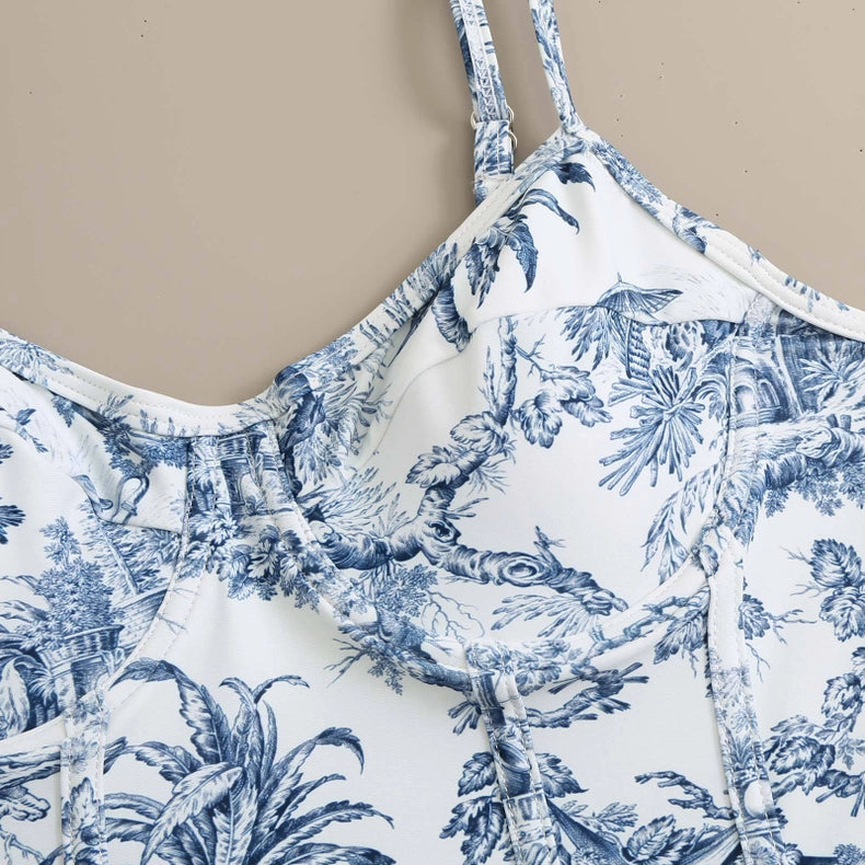 Blue Oriental Porcelain Print Strappy One Piece Swimsuit Blue-Swimsuit-Rosa Clothing-S-Blue-Urbanheer