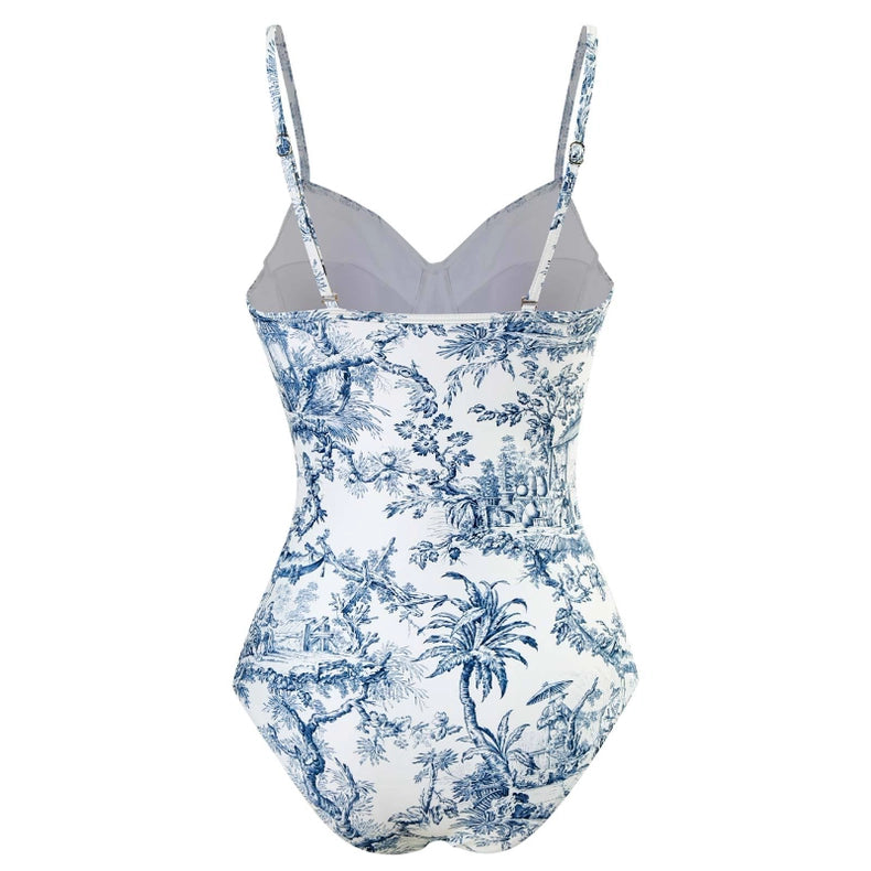 Blue Oriental Porcelain Print Strappy One Piece Swimsuit Blue-Swimsuit-Rosa Clothing-S-Blue-Urbanheer