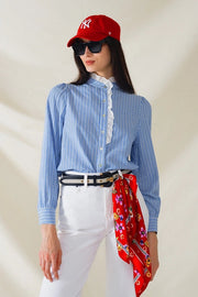 Blue Shirt with Vertical White Stripes with Lace Detail-Shirt-Q2-S-Blue-Urbanheer