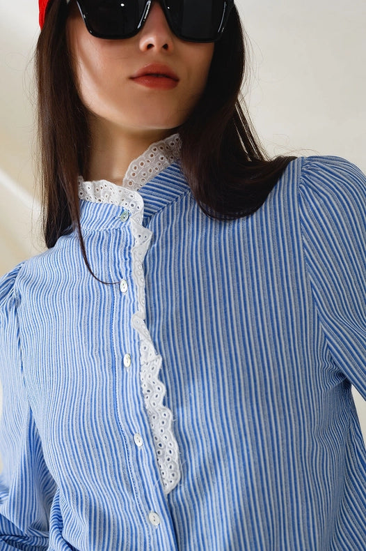 Blue Shirt with Vertical White Stripes with Lace Detail-Shirt-Q2-S-Blue-Urbanheer