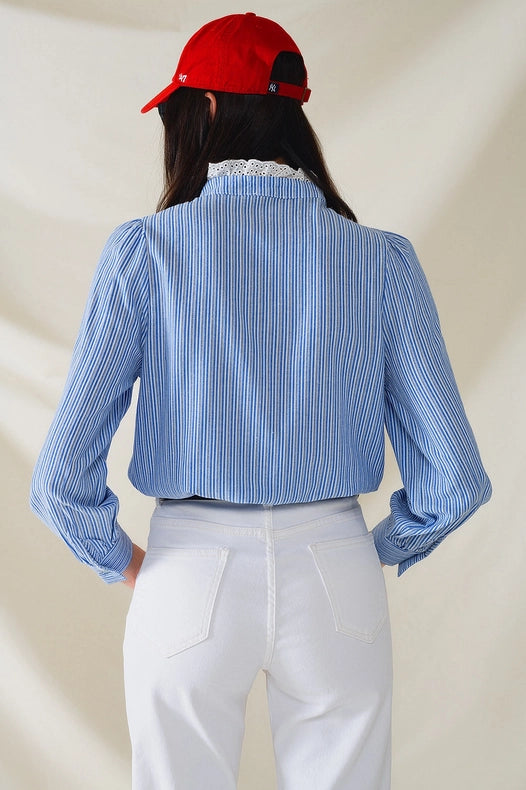 Blue Shirt with Vertical White Stripes with Lace Detail-Shirt-Q2-S-Blue-Urbanheer