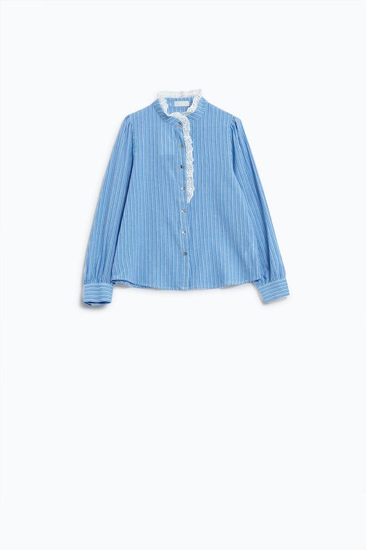 Blue Shirt with Vertical White Stripes with Lace Detail-Shirt-Q2-S-Blue-Urbanheer