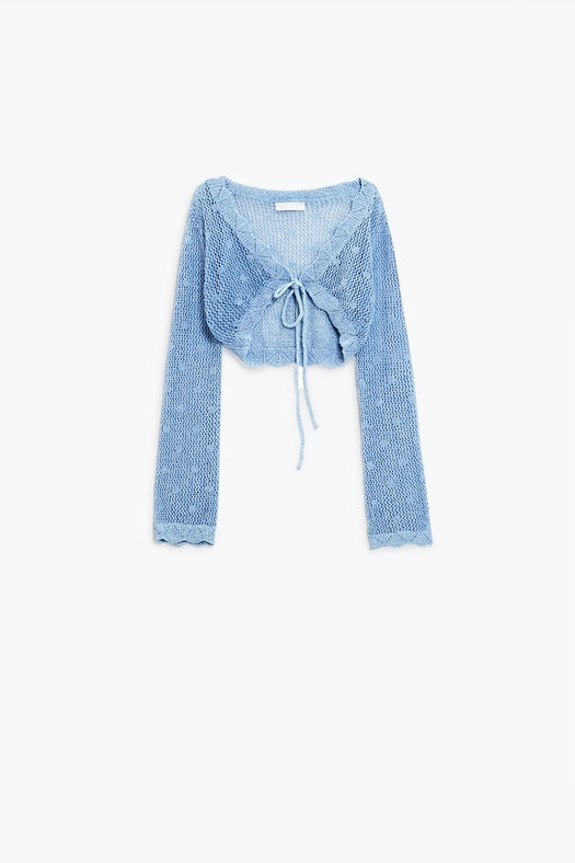 Blue Short Crochet Cardigan with Lurex Detail-Cardigan-Q2-OS-Blue-Urbanheer