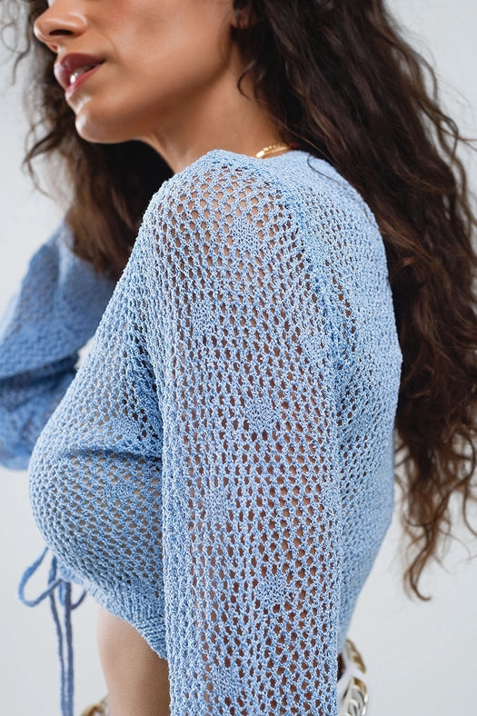 Blue Short Crochet Cardigan with Lurex Detail-Cardigan-Q2-OS-Blue-Urbanheer