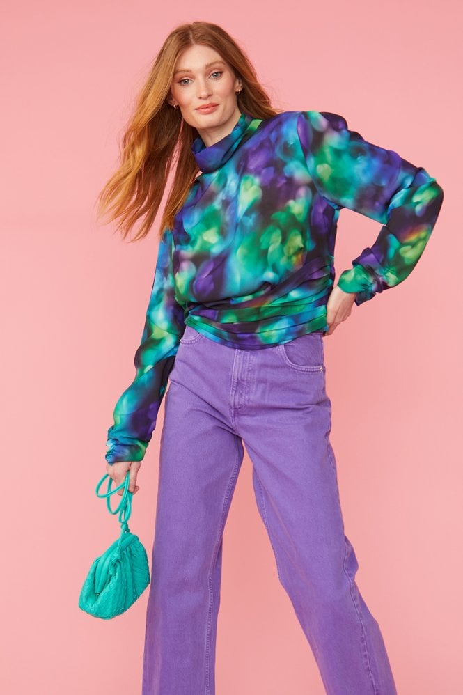 Blue Silk Blend Gathered Waist Blouse-Tops-Buy Me Fur Ltd-S-M-Blue-Silk-Urbanheer