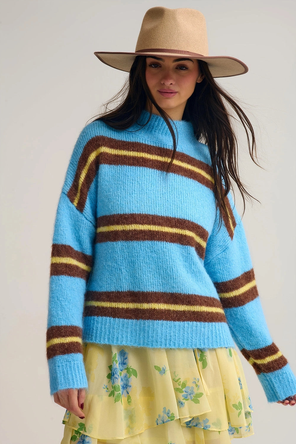 Blue Striped Knitted Sweater with Brown and Yellow Accents