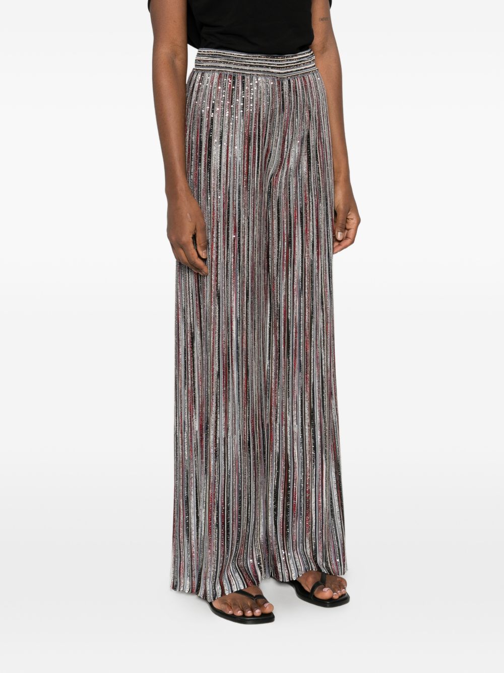 Blue Striped Wide-Leg Trousers with Crystal Embellishment for Comfort and Breathability