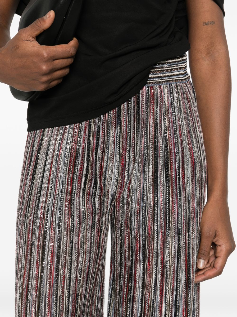 Blue Striped Wide-Leg Trousers with Crystal Embellishment for Comfort and Breathability
