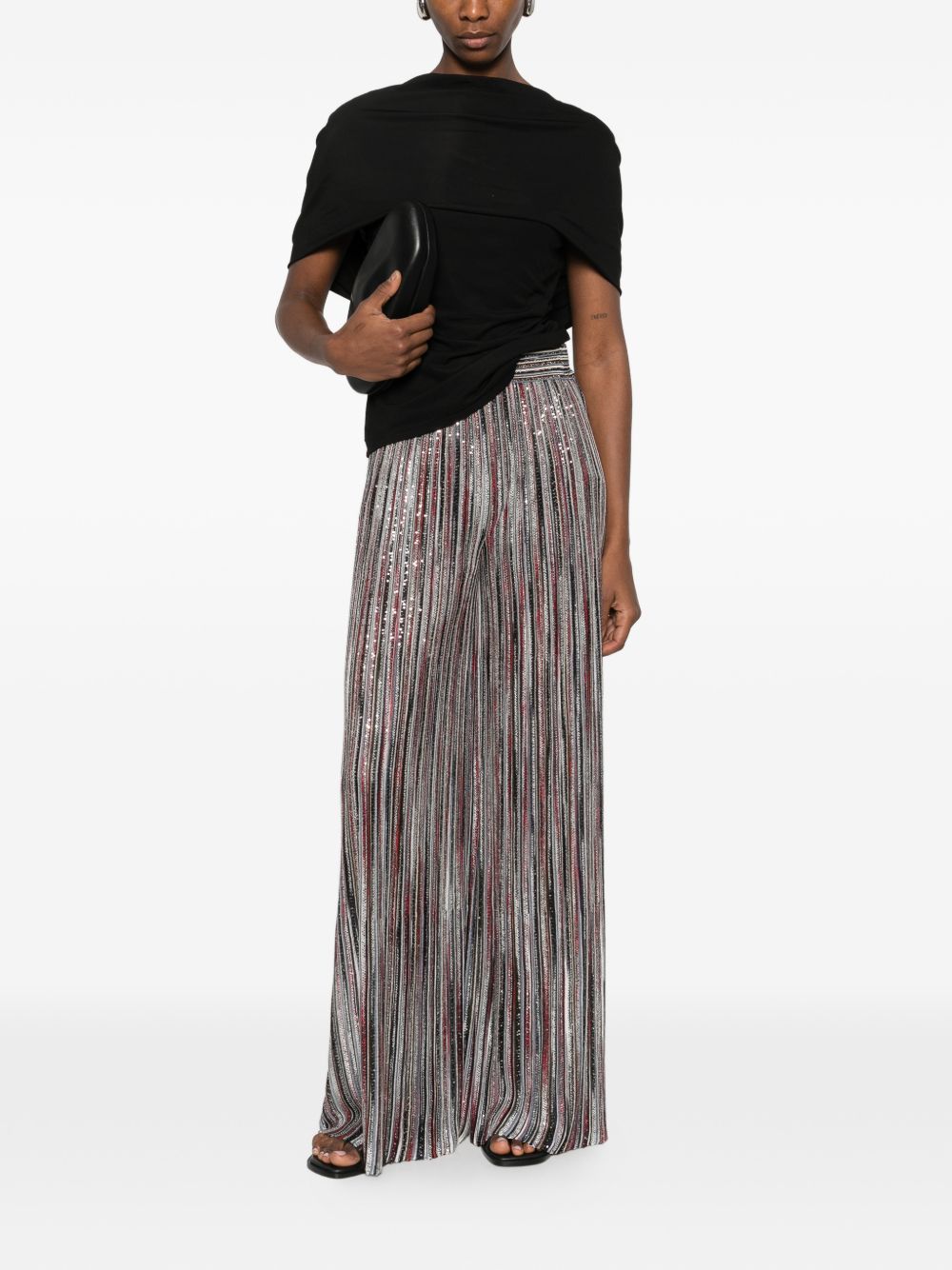 Blue Striped Wide-Leg Trousers with Crystal Embellishment for Comfort and Breathability