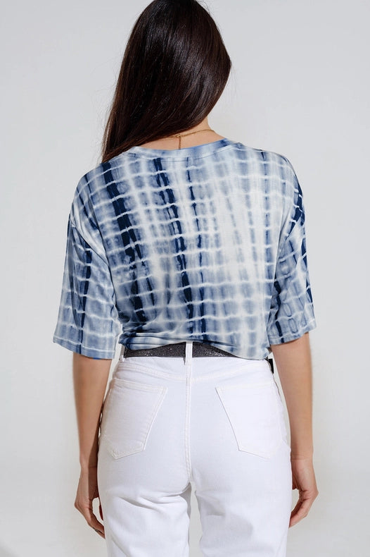 Blue Tie Dye Printed T-Shirt With Knot On The Front-T-Shirt-Q2-L-Urbanheer