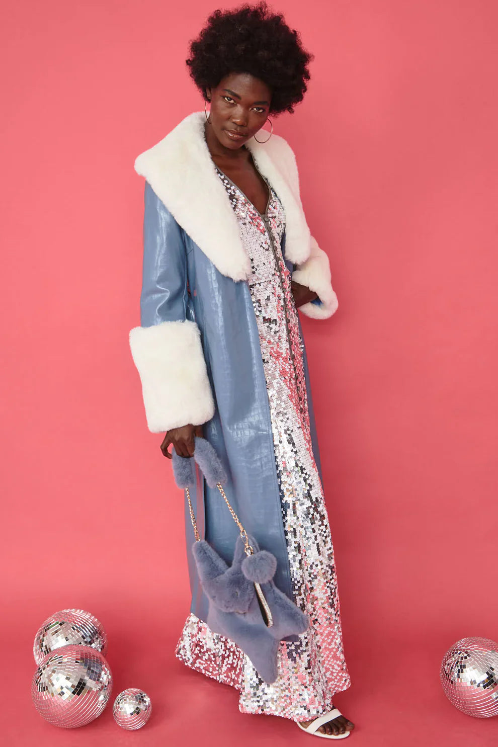 Blue White Faux Leather Jacket with Detachable Faux Fur Cuffs and Collar-Faux Leather Coats-Buy Me Fur Ltd-S-M-Blue - White-Faux Leather-Urbanheer