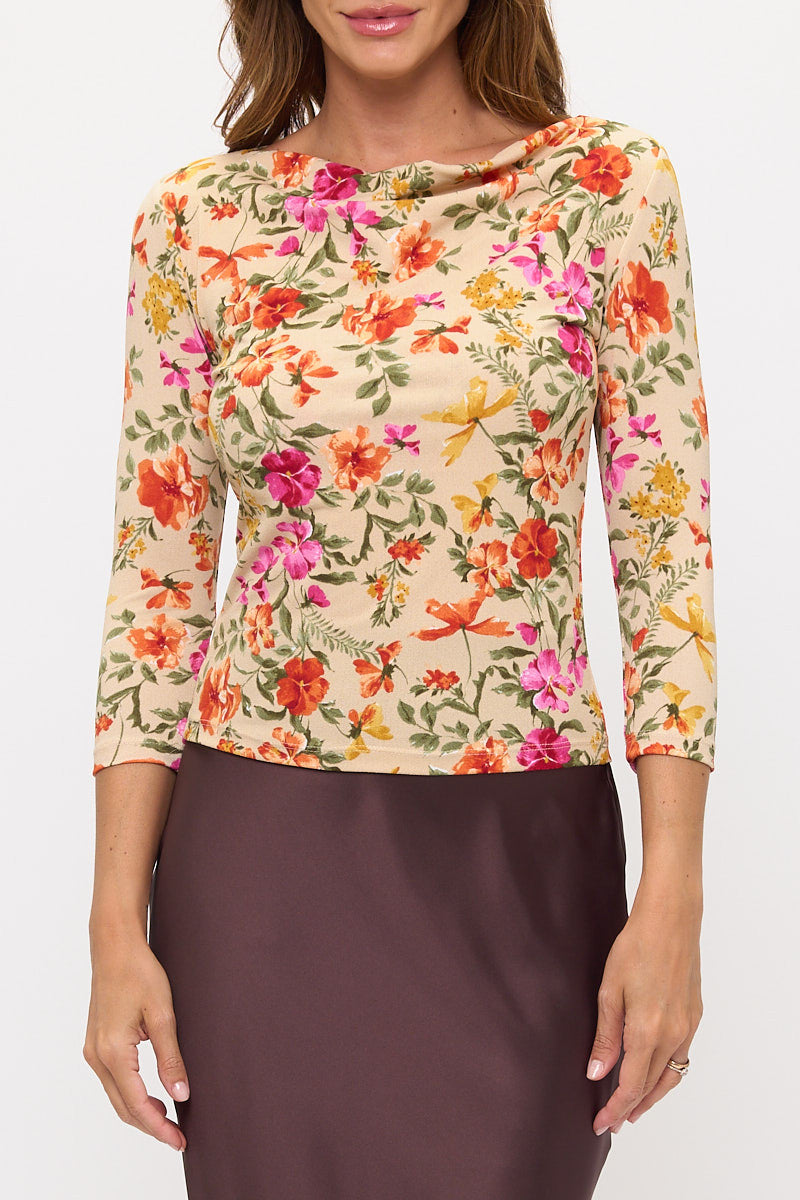 Boat Neck Floral Top w 3/4 Sleeves-1