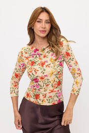 Boat Neck Floral Top w 3/4 Sleeves-0