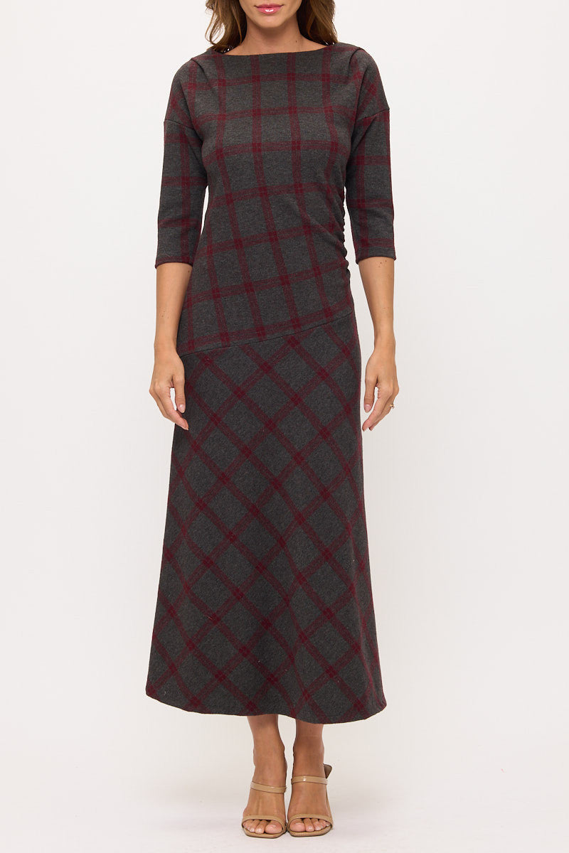 Boat Neck Plaid Maxi Dress-1