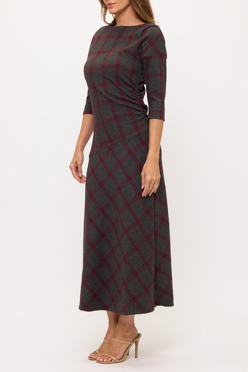 Boat Neck Plaid Maxi Dress-2