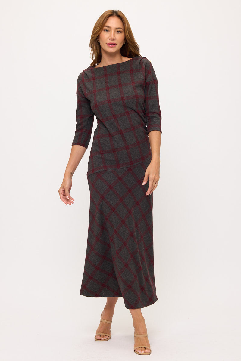 Boat Neck Plaid Maxi Dress-0