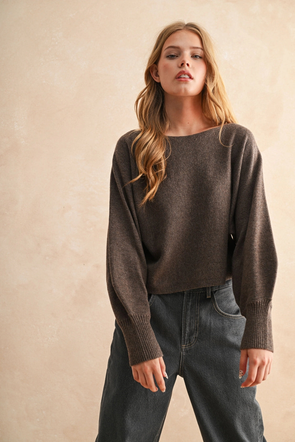 Boat Neck Sweater Top in Brown