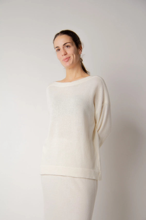 Boat Neck Sweater in Cashmere Blend Bianco Naturale-Sweater-LÈMME-S-Bianco Naturale-Urbanheer
