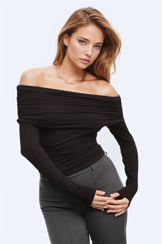Bodycon Off Shoulder Viscose Top In Black-TOP-Q2-S-Black-Urbanheer